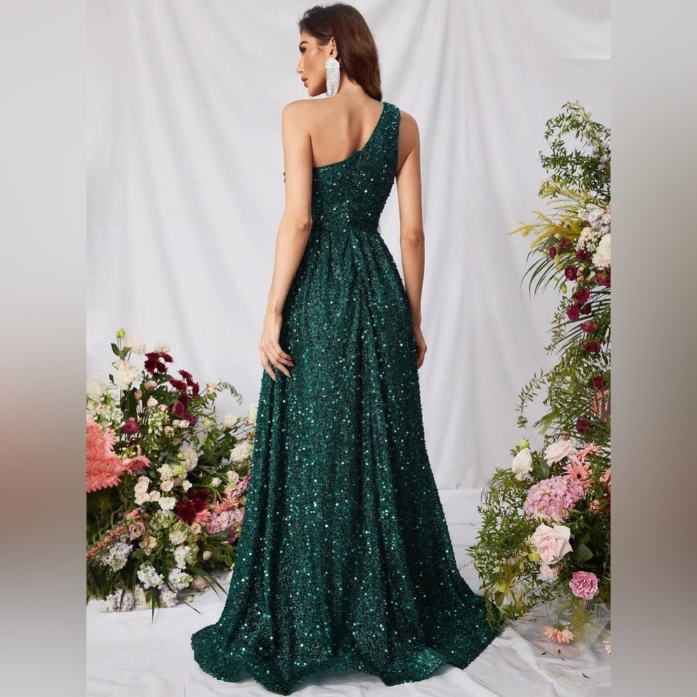 Faeriesty Sequin Gown Dress Size L Green One Shoulder Prom Weeding Dress Pleated - Picture 4 of 14